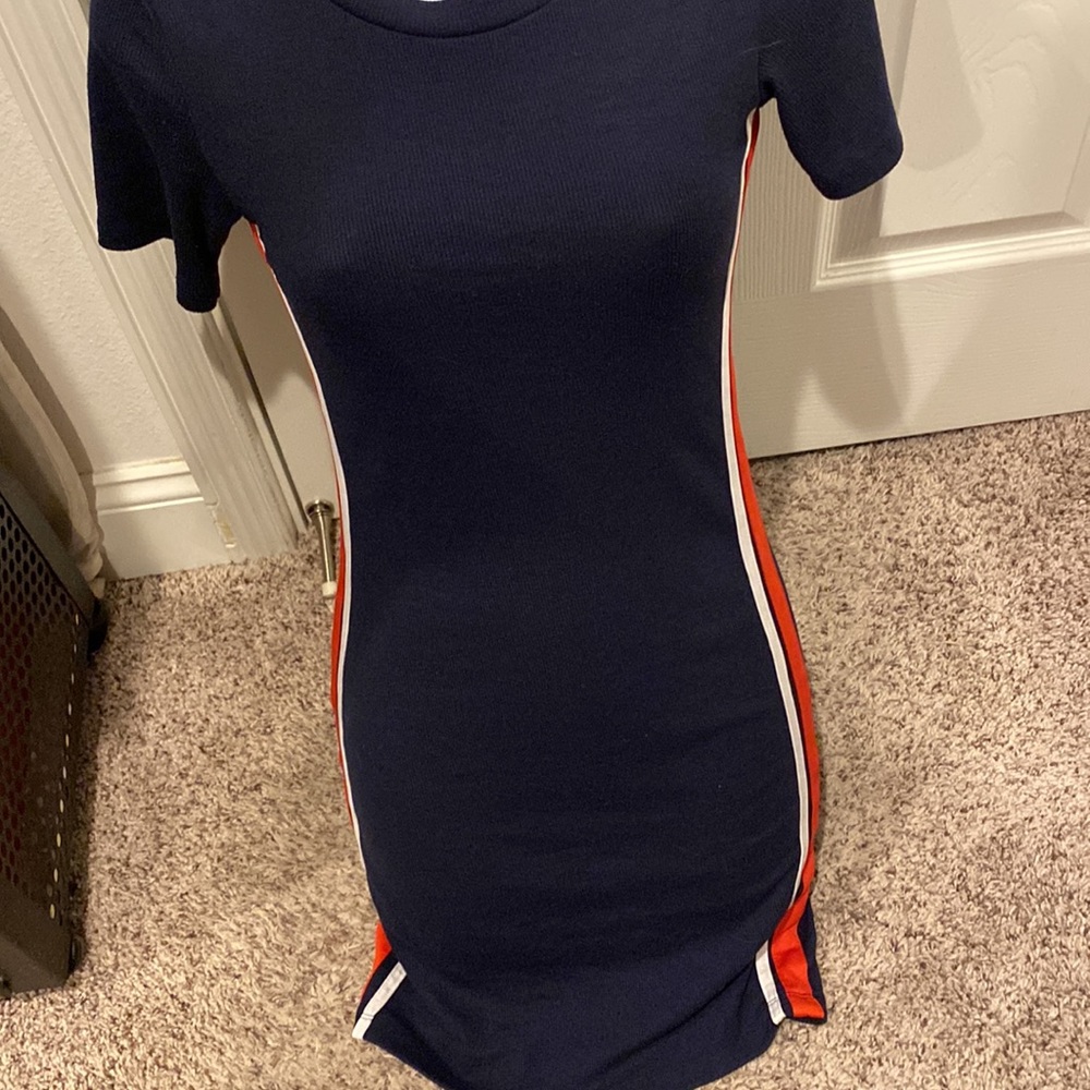 blue tee shirt pull on dress with red/white stripes down sides